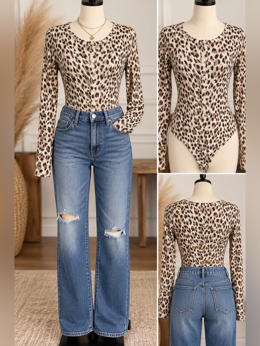 NWT - Banana Republic Beige and Black Leopard-Print Long Sleeve Bodysuit
